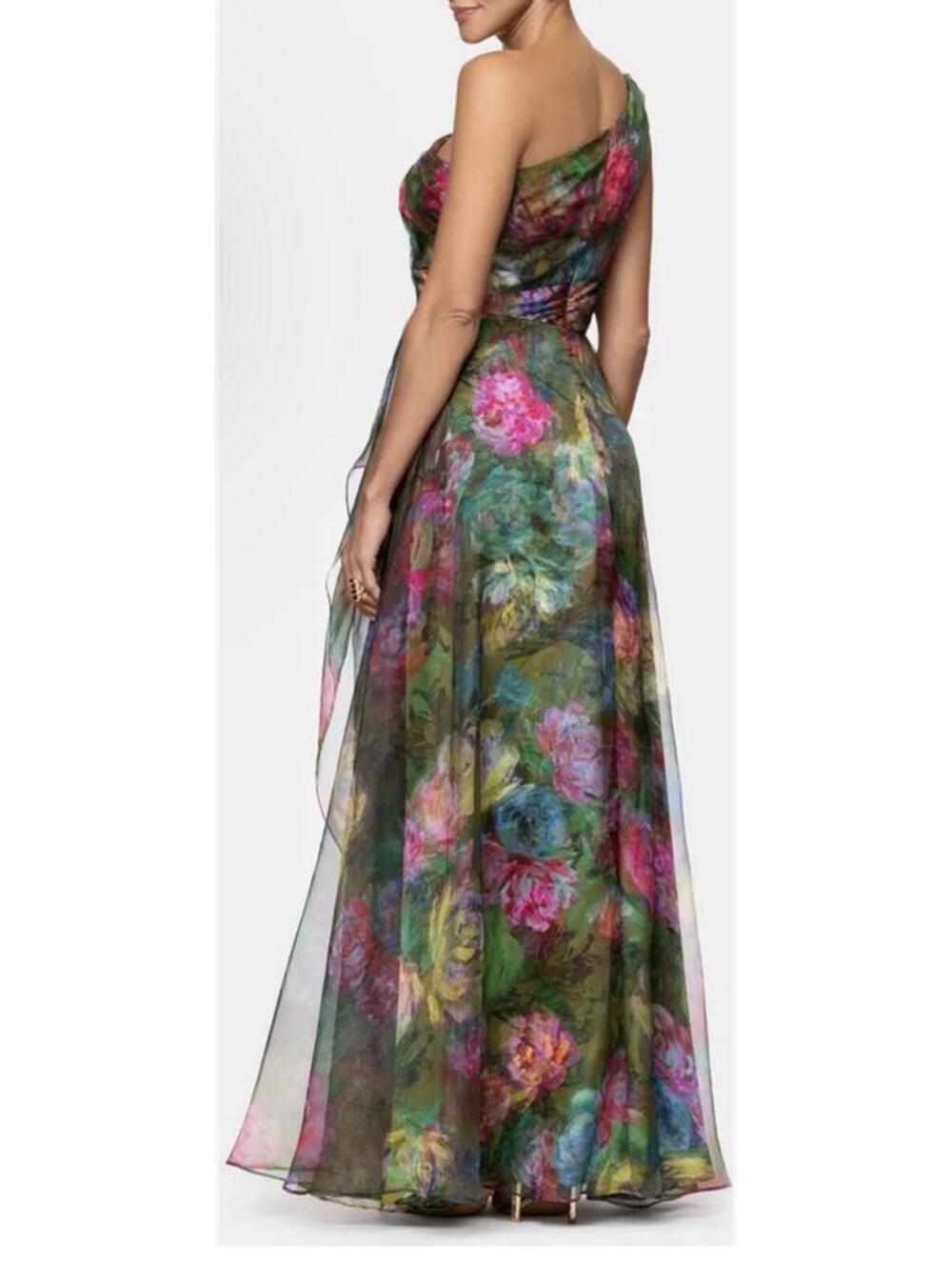 New Xscape Evenings One-Shoulder Floral Organza Gown In Green/ Multi Sz 8 $298 - Picture 4 of 13